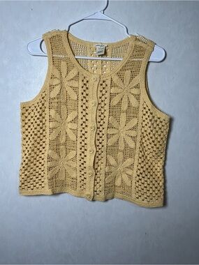 Yellow Crochet Floral Button-Front Vest Size Medium